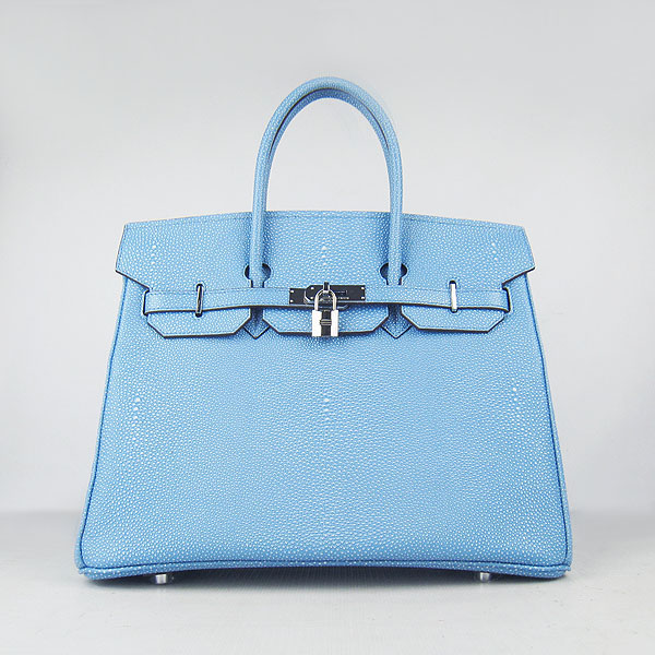 High Quality Fake Hermes Birkin 35CM Pearl Veins Leather Bag Light Blue 6089